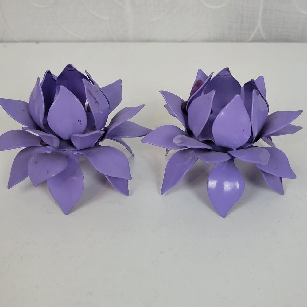 VINTAGE Lotus Flower Metal Purple Handmade Candle Holders Retro Set of 2